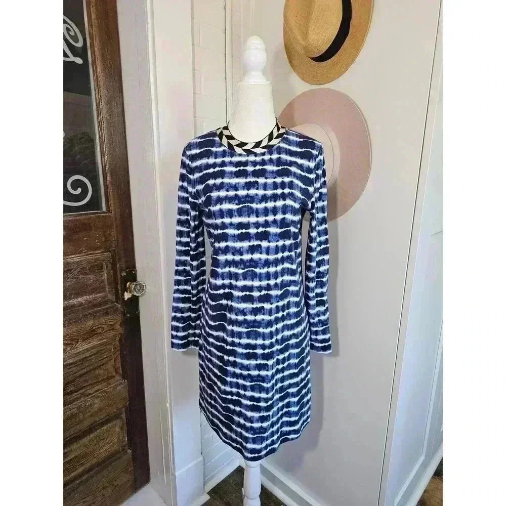 Tory Burch Women's Size S Hollie Long Sleeve Tie-Dye Tee Dress Blue/White